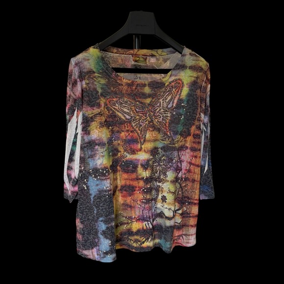 Avenue Tops - Boho Avenue Multi Color Butterfly Print Cold Shoulder 3/4 Sleeve Top 18/20